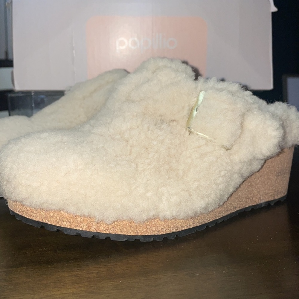 NWB Birkenstock Papillio Fanny Teddy Shearling Wedge clogs - Picture 3 of 8